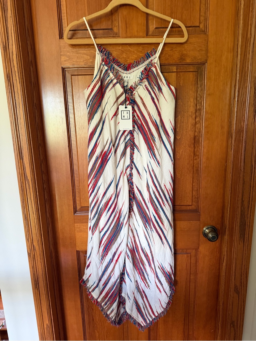 THML Ivory Midi Dress with Red & Blue Diagonal Stripes